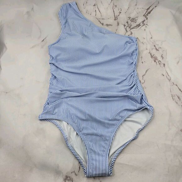 J Crew Swim 12 Blue One Piece Shoulder Ruched Bikini Full Coverage Seersucker - Picture 1 of 9